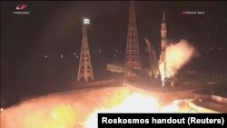 A Soyuz MS-23 spacecraft blasts off from the launchpad at the Baikonur Cosmodrome in Kazakhstan on February 24. 