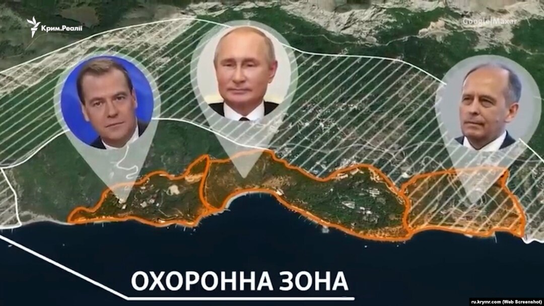 Розташування дач Путіна, Медведєва та Бортникова біля селища Олива. Ілюстраційний колаж
