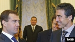 Russian President Dmitry Medvedev (left) meets with NATO Secretary-General Anders Fogh Rasmussen in Moscow.