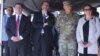 Armenia - Emergency Situations Minister Davit Tonoyan (L), U.S. Ambassador Richard Mills (second from left), U.S. General Lee Tafanelli and British Ambassador Judith Farnworth watch a U.S.-British-Armenian exercise in Lusakert, 28Jul2017.