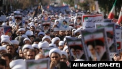Iranian clerics take part during a state-organized rally against antigovernment protests in the holly city of Qom on January 3.