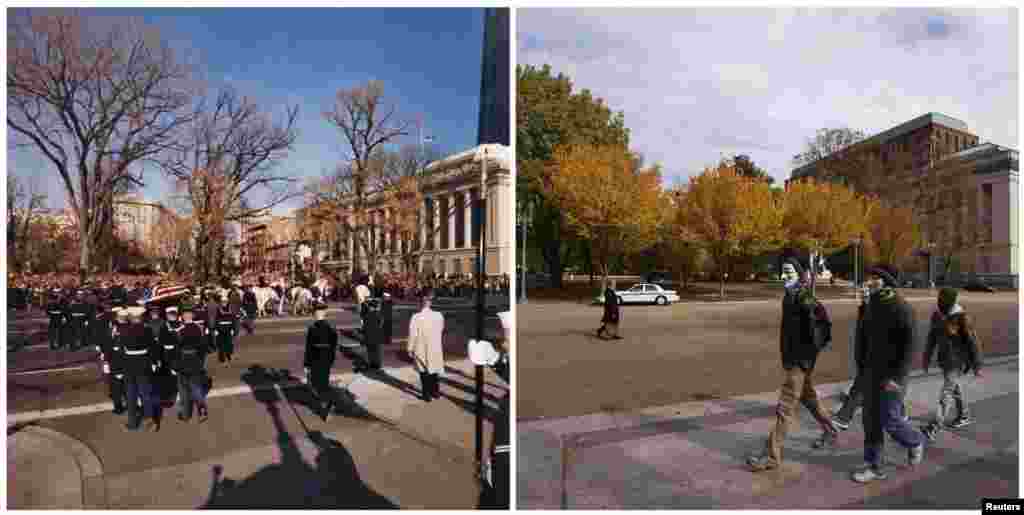 Left photo: The General Lafayette Statue as U.S. President John F. Kennedy's flag-draped casket departs the White House, Washington, D.C., during his state funeral on November 24, 1963. Right photo: The same spot on November 5, 2013.