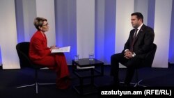 Armenian parliament speaker Alen Simonian is interviewed by RFE/RL, Prague, October 19, 2024.