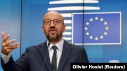 ევროკავშირის საბჭოს პრეზიდენტი, შარლ მიშელი 19 აგვიტოს პრესკონფერენციაზე ბრიუსელში. 