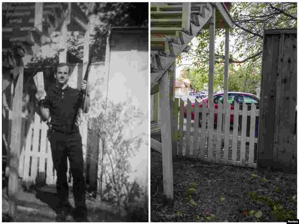 Left photo: Lee Harvey Oswald "holding a rifle in one hand and communist newspapers in the other" in the backyard of 214 W. Neely Street, in a photo believed to have been taken in Dallas in 1963. Right photo: The same place on November 12, 2013.